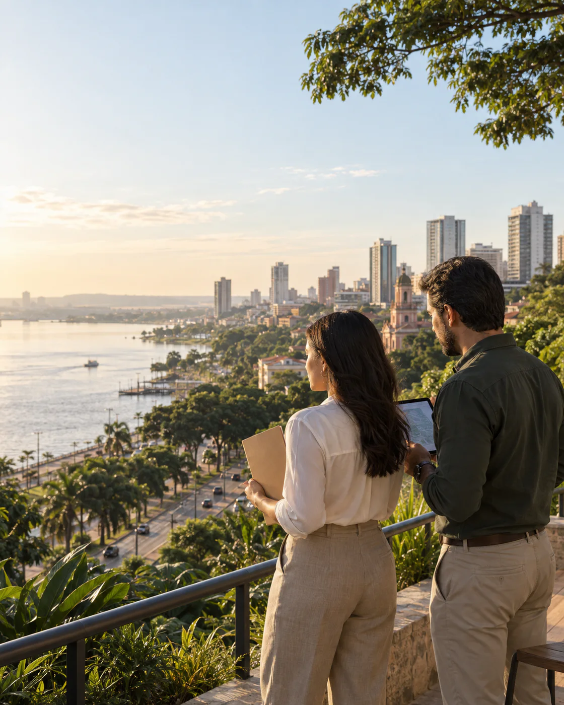 Duas pessoas analisam documentos diante de uma cidade às margens de um rio
